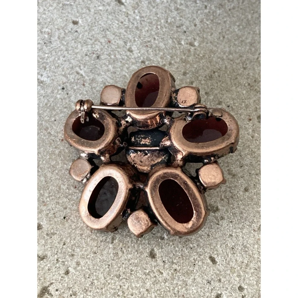Antiqued Copper Tone Burgundy‎ Rhinestone Floral Brooch Statement Dark Romantic